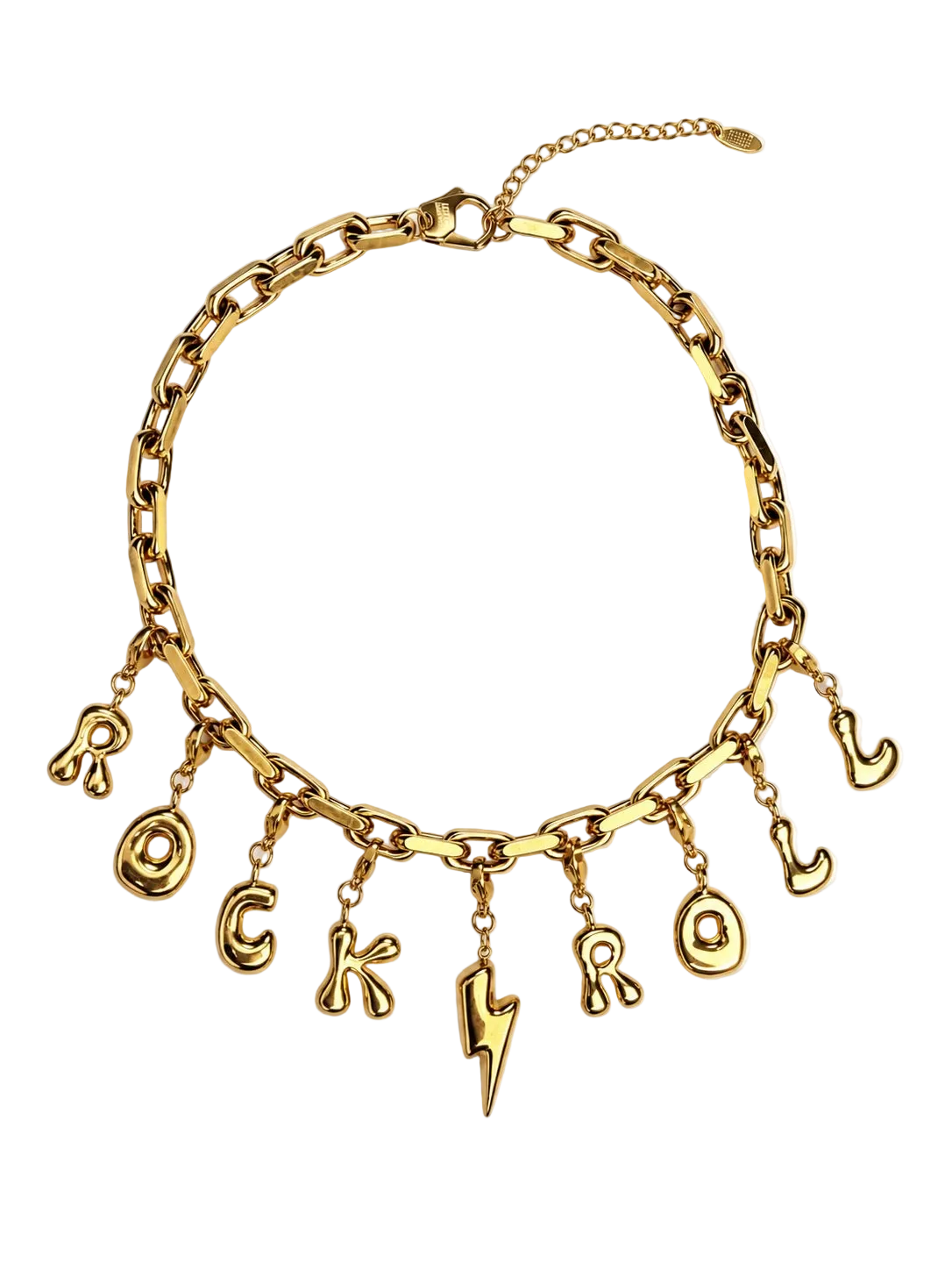 A gold-tone chunky chain millie madness necklace with dangling letter and lightning-bolt charms spelling 'ROCK ROAR' on a plain white background.