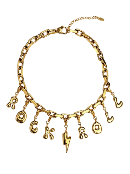 A gold-tone chunky chain millie madness necklace with dangling letter and lightning-bolt charms spelling 'ROCK ROAR' on a plain white background.