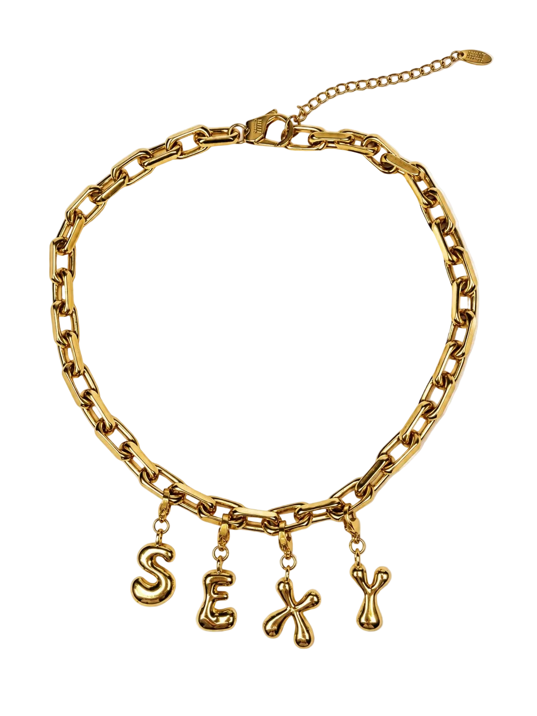 A gold-toned chunky chain MILLIE MADNESS stainless steel necklace with dangling letters spelling 'SEXY' on a plain white background.