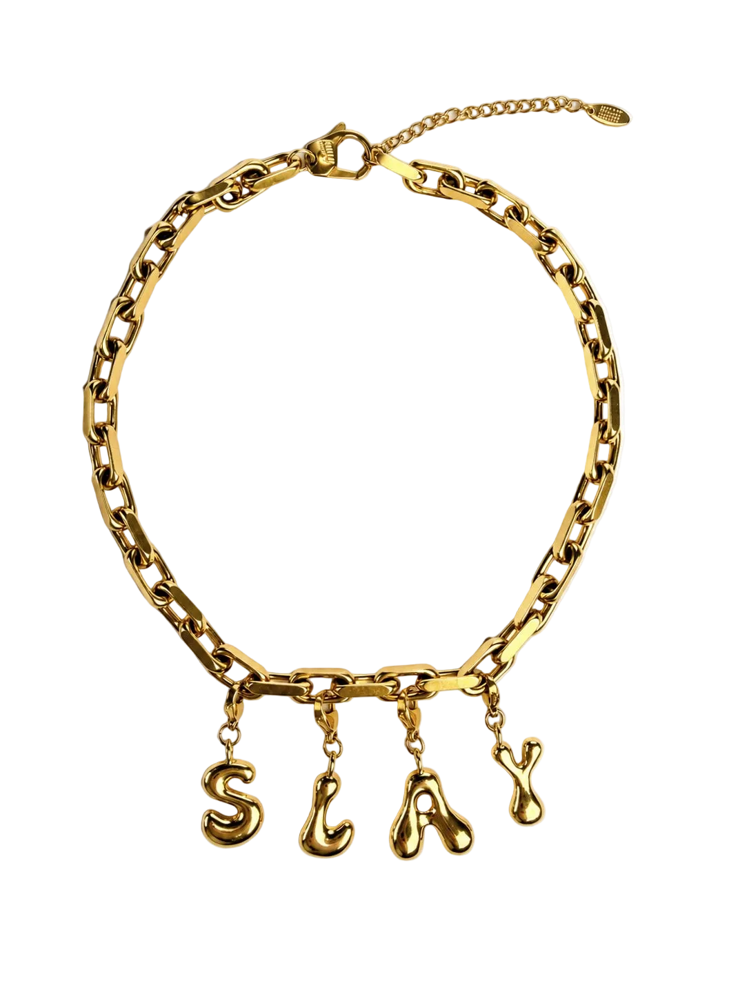 A gold-tone chain millie madness necklace with dangling lowercase letters spelling 'SLAY', photographed on a clean white background.