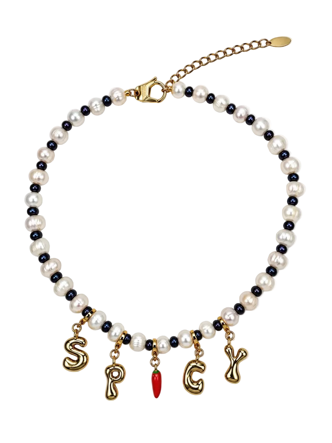 A beaded MILLIE MADNESS necklace featuring white faux pearls and small dark blue beads, with gold-tone letter charms spelling 'S.P.
