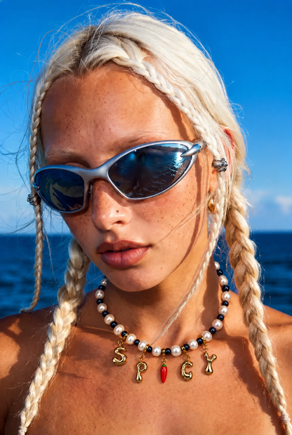 A close-up lifestyle shot of a blonde woman with braided hair wearing a beaded necklace with gold letter charms spelling 'SPGY' and a red chili pepper charm, set against a blue ocean background.