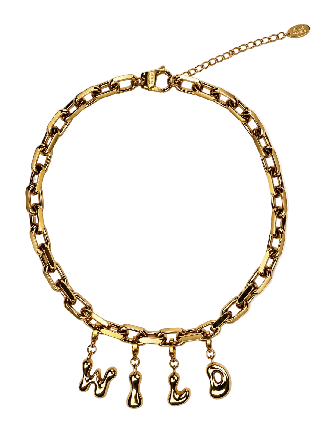 Gold-tone chunky chain millie madness necklace with dangling stylized letter charms on a white background.