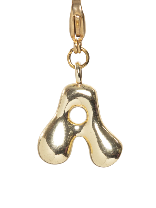 Gold letter charm on a white background
