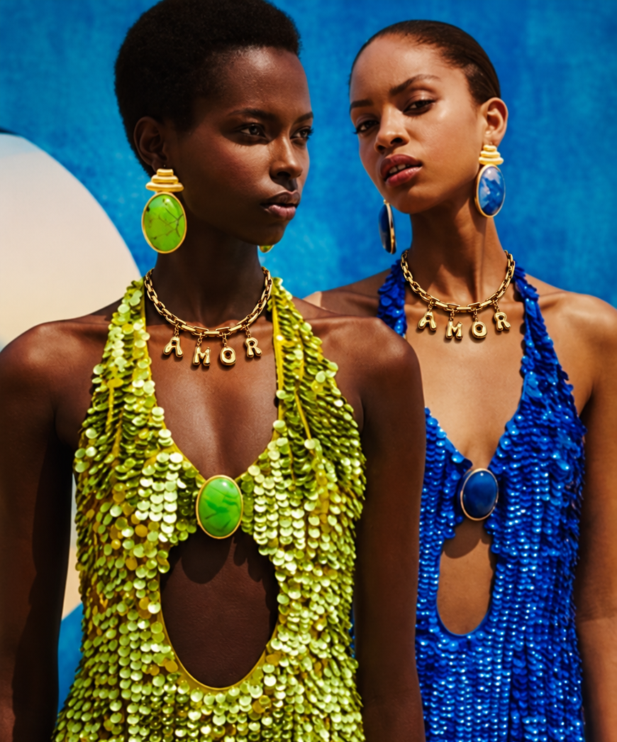 Two models wearing beaded halter dresses, one in bright lime green with a large oval cutout and green gem accents, and the other in royal blue with a beaded fringe hem and blue gem accents. Both are accessorized with gold necklaces and large earrings against a blue and white background.