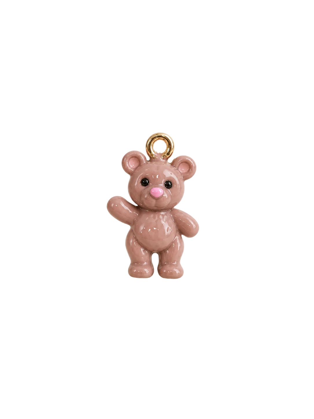 A small glossy pink teddy bear charm with a gold-tone hanging loop at the top, photographed on a clean white background.