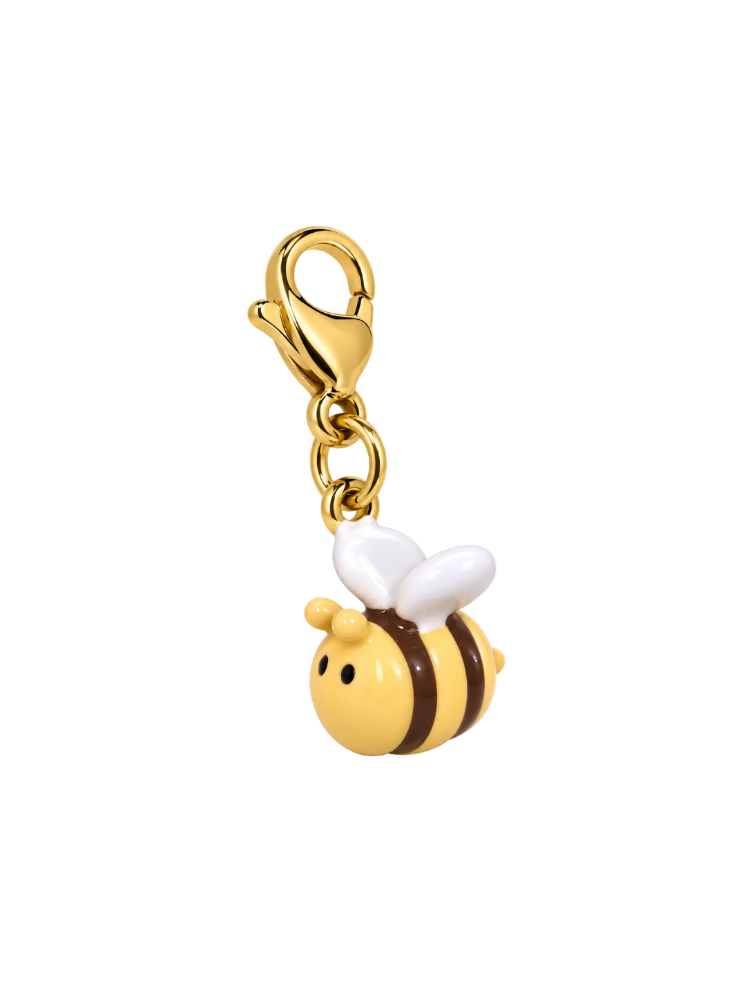 A cute cartoon bee charm with a gold clasp, featuring a yellow body with brown stripes, white wings, and a small black face, isolated on a white background.