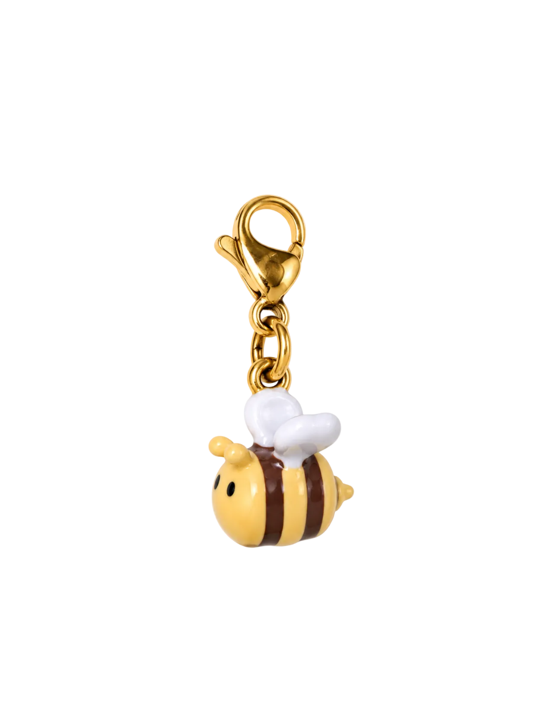 A small bee charm with a gold clasp, featuring yellow and brown striped body, white wings, and a gold lobster clasp on a plain white background.