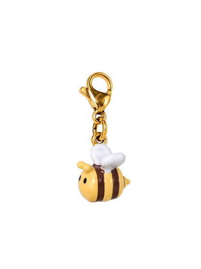 A small bee charm with a gold clasp, featuring yellow and brown striped body, white wings, and a gold lobster clasp on a plain white background.