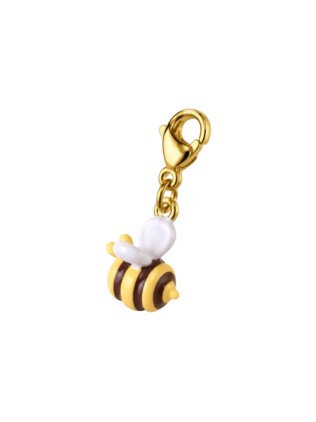 A gold-plated lobster clasp charm shaped like a bee, featuring yellow and black striped body segments, white wings, and a gold-tone clasp at the top, isolated on a white background.