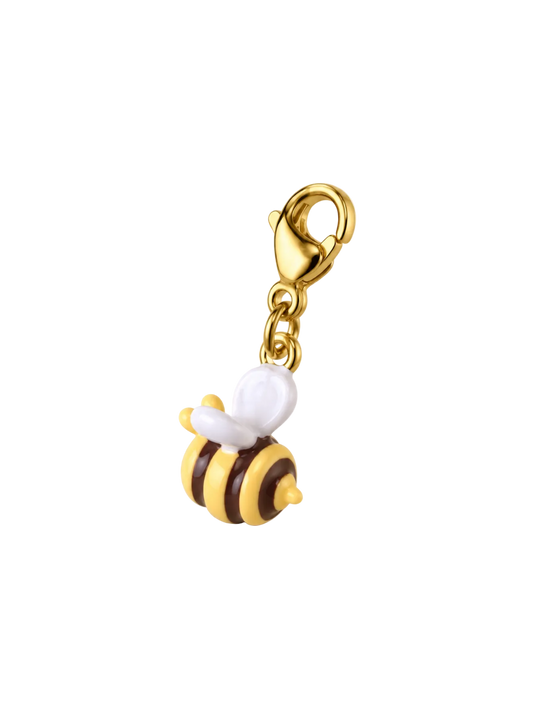 A gold-plated lobster clasp charm shaped like a bee, featuring yellow and black striped body segments, white wings, and a gold-tone clasp at the top, isolated on a white background.