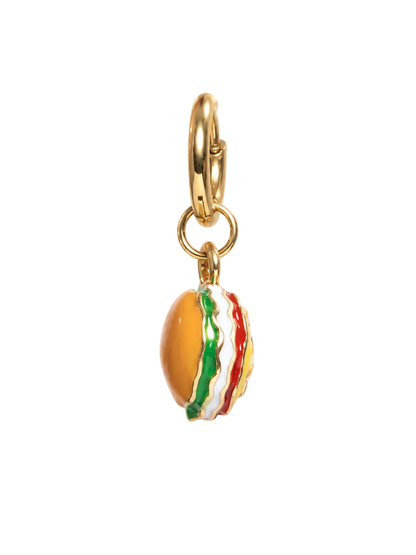 A gold-tone burger earring millie madness clasp charm shaped like a hamburger with colorful enamel details in orange, green, red, and white, shown on a plain white background.