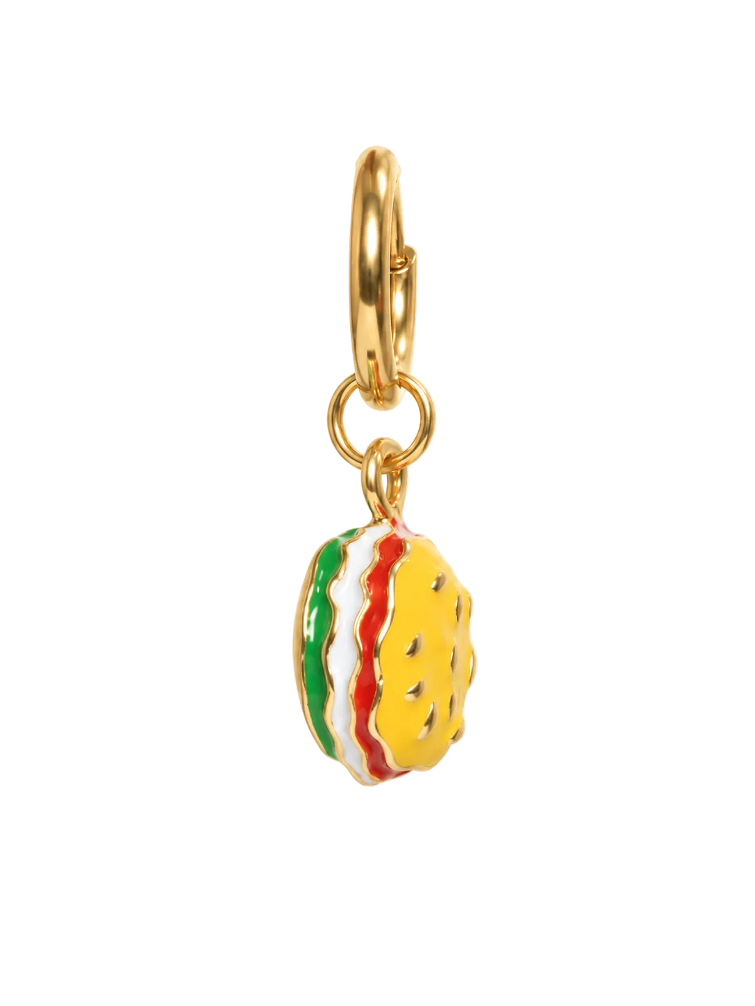 A gold-tone millie madness burger earring charm shaped like a hamburger with yellow, green, and red enamel details, shown on a plain white background.