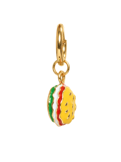 A gold-tone millie madness burger earring charm shaped like a hamburger with yellow, green, and red enamel details, shown on a plain white background.