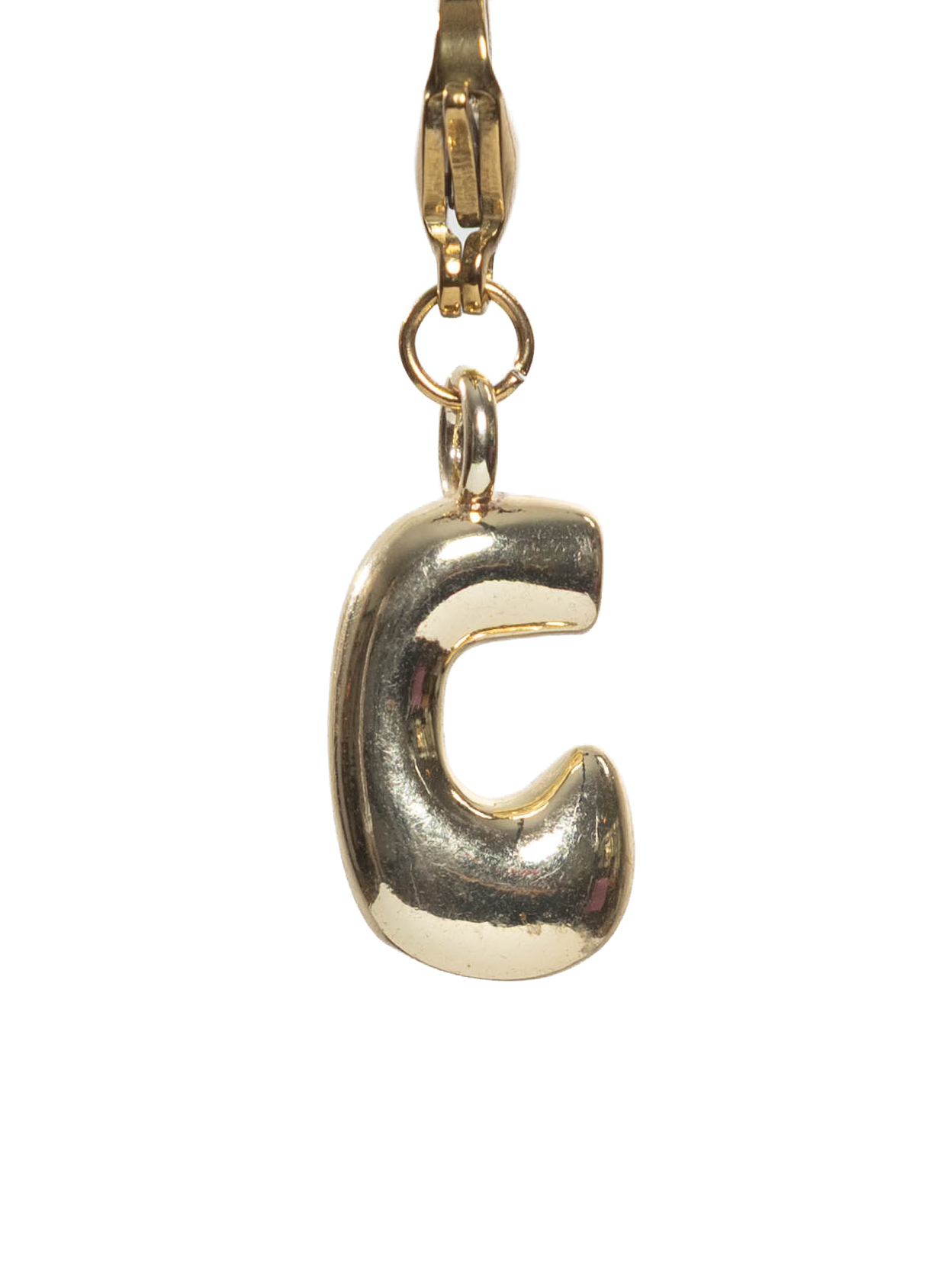 Gold letter 'C' charm on a white background