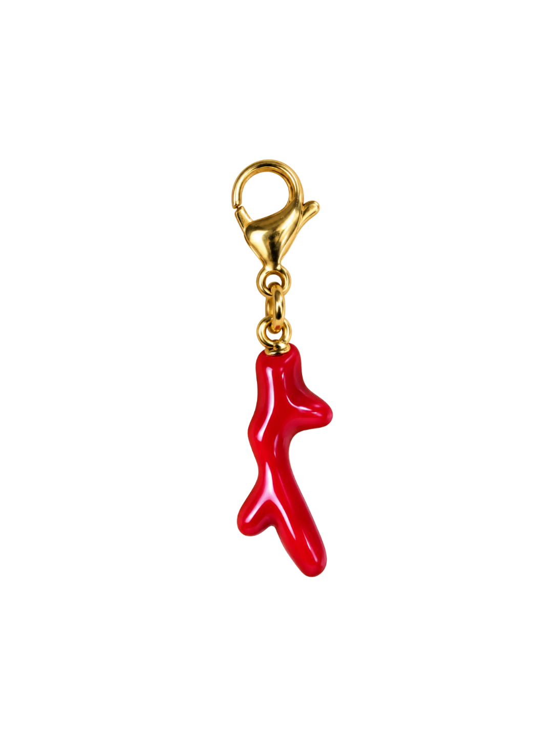 A small jewelry charm featuring a glossy red abstract coral-like drop pendant attached to a polished gold lobster clasp, shown on a plain white background.