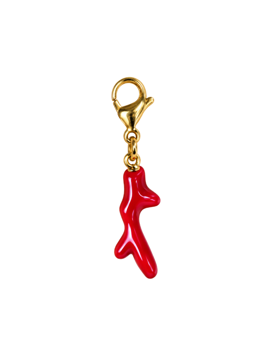A small jewelry charm featuring a glossy red abstract coral-like drop pendant attached to a polished gold lobster clasp, shown on a plain white background.