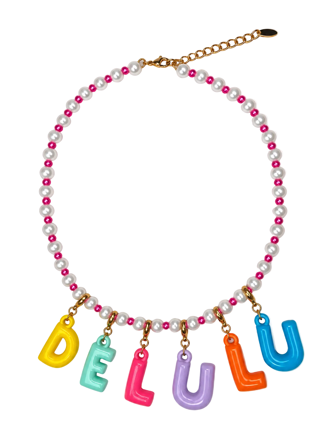 A beaded millie madness necklace featuring white real pearls and bright pink beads, with gold-tone chain hardware and dangling colorful letter charms spelling 'DELULU' in yellow, mint green, pink, purple, orange, and blue.