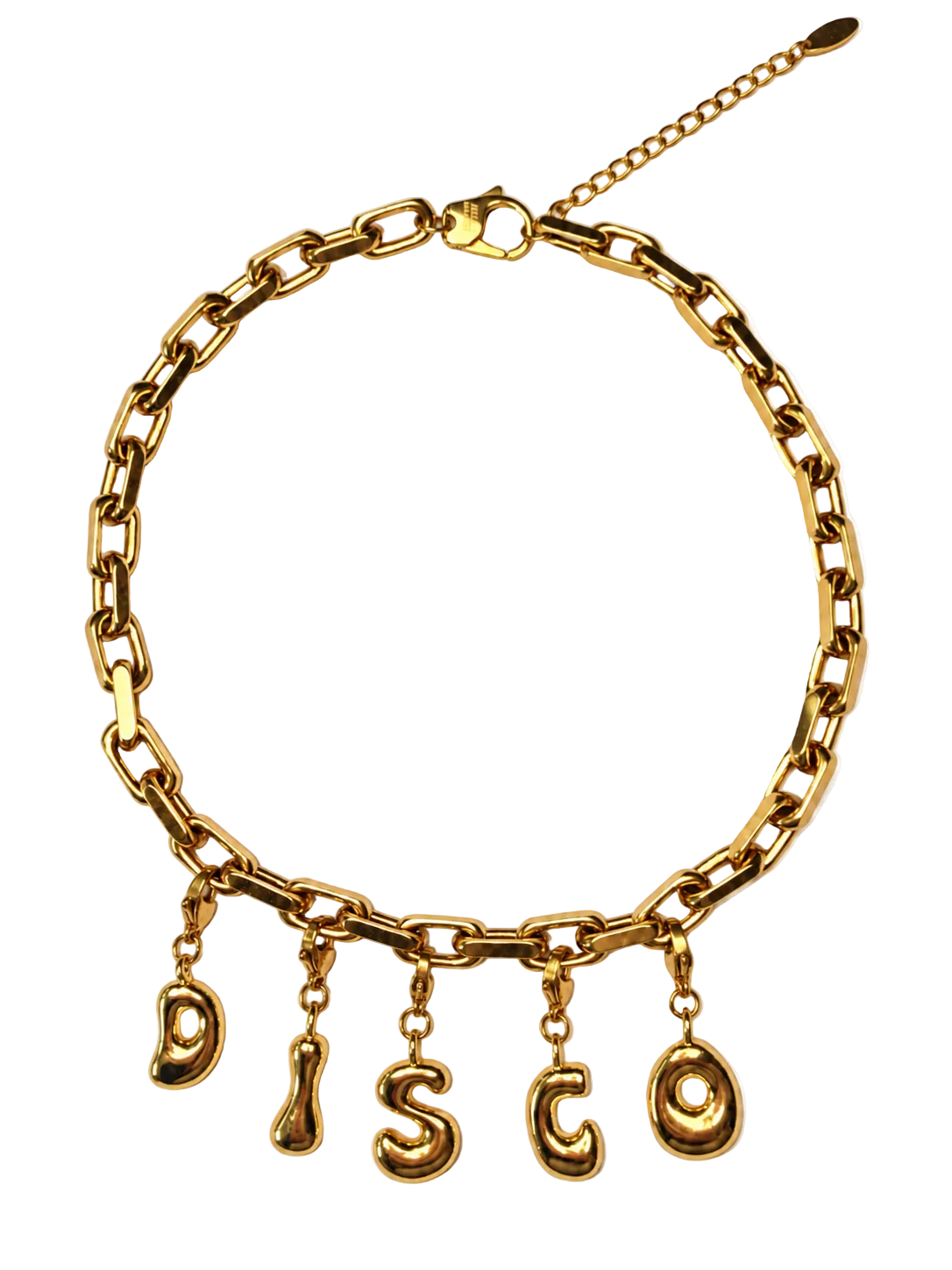 A gold-tone millie madness chain necklace with five dangling letters spelling 'DISCO' on a plain white background.
