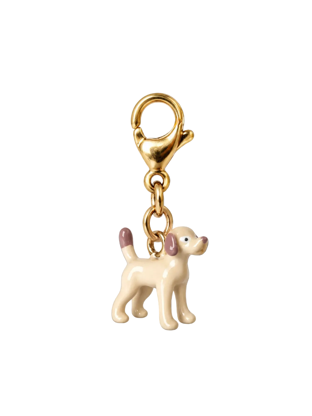 A gold-tone lobster clasp keychain charm shaped like a small cream-colored puppy with pink-tipped ears and tail, shown on a plain white background.