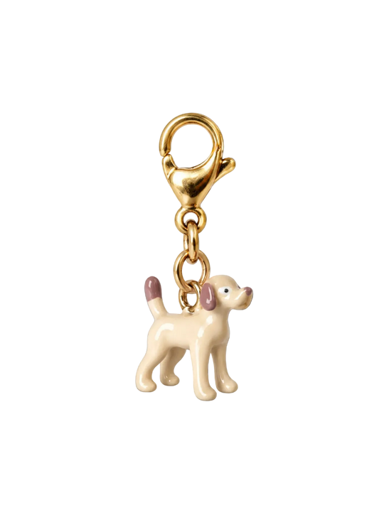 A gold-tone lobster clasp keychain charm shaped like a small cream-colored puppy with pink-tipped ears and tail, shown on a plain white background.
