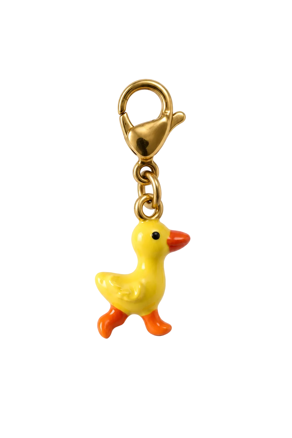 A small yellow duck charm with orange beak and feet, attached to a gold lobster clasp, shown on a plain white background.
