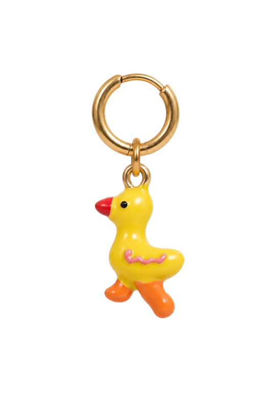 A yellow rubber duck keychain charm with a gold-tone split ring, featuring a red beak, orange feet, and pink wavy line details on its body, shown against a plain white background.
