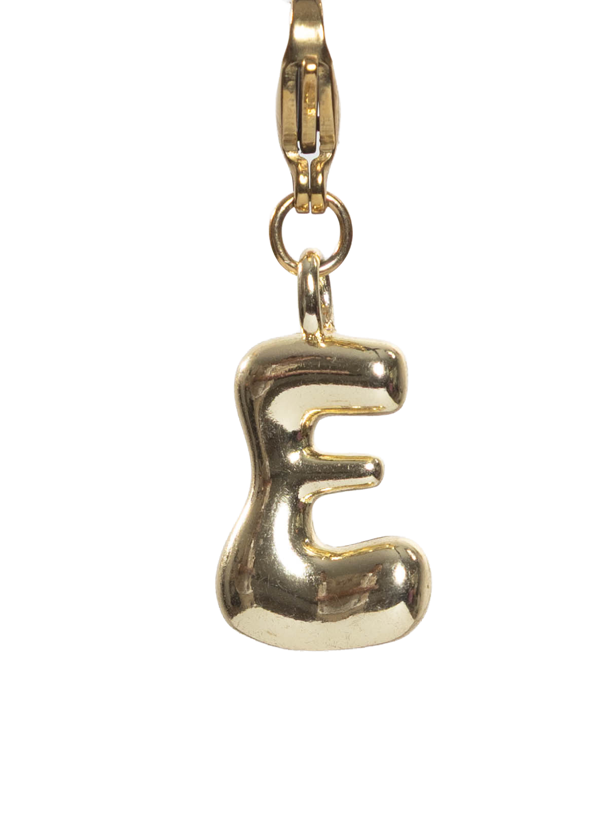 Gold plated letter E charm stainless steel clasp on a white background