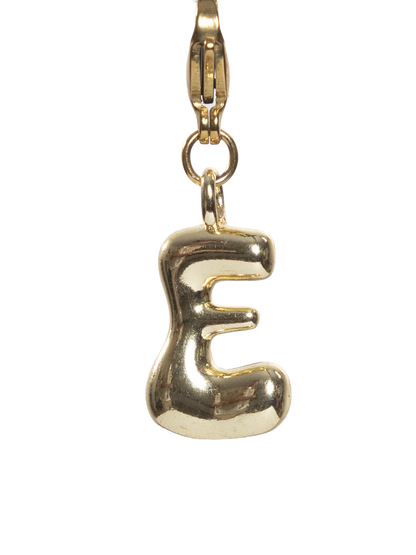 Gold plated letter E charm stainless steel clasp on a white background