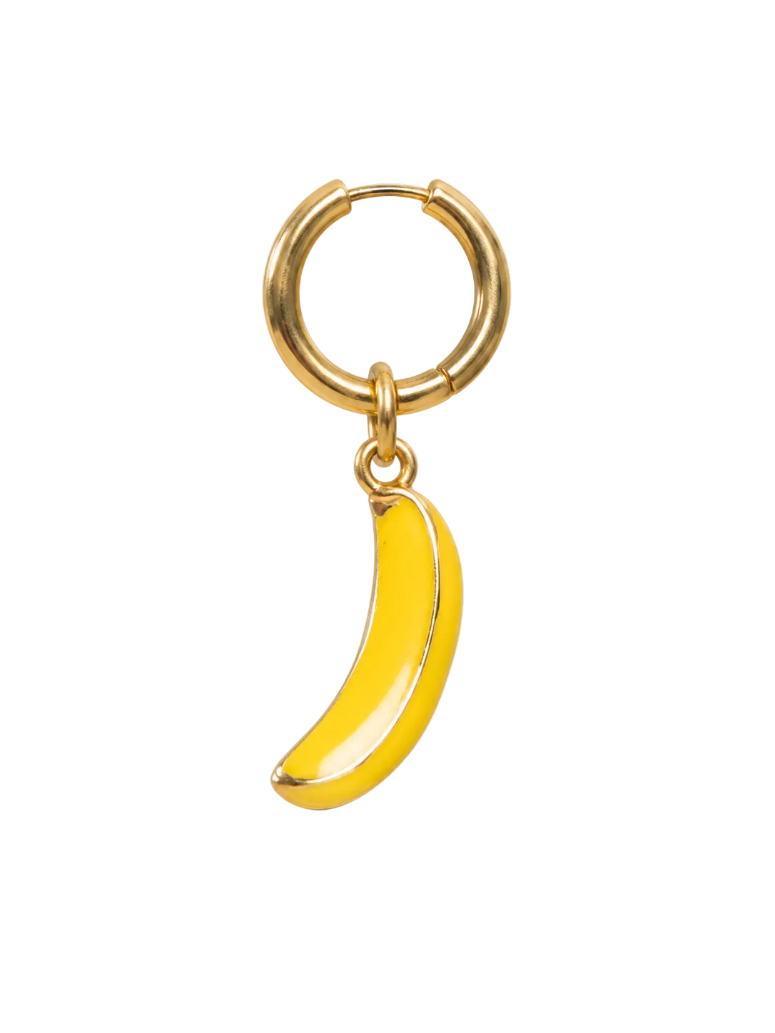 A gold huggie hoop earring with a dangling yellow banana charm, shown on a plain white background.