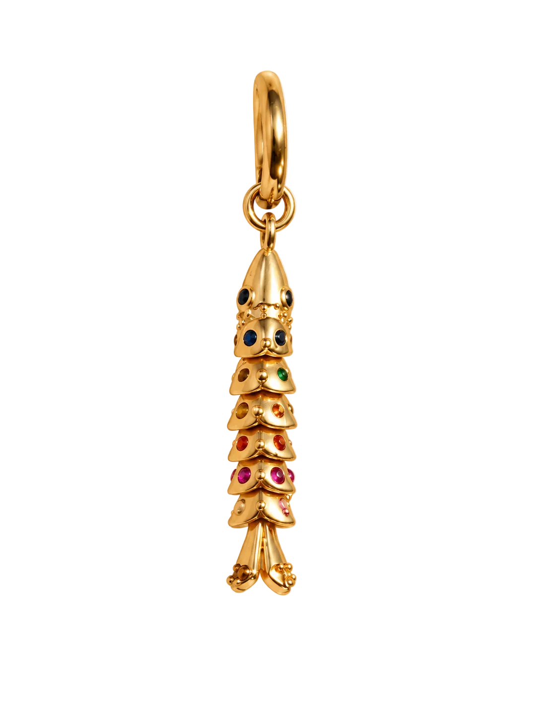 A gold-plated dangling millie madness earring charm shaped like a stylized tree or tiered ornament, embellished with small multicolored gemstones, shown on a plain white background.