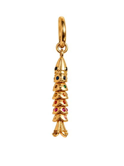A gold-plated dangling millie madness earring charm shaped like a stylized tree or tiered ornament, embellished with small multicolored gemstones, shown on a plain white background.