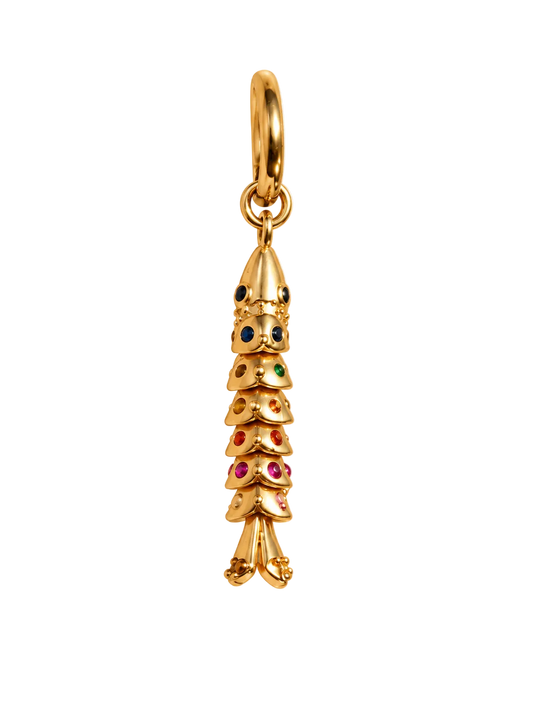 A gold-plated dangling millie madness earring charm shaped like a stylized tree or tiered ornament, embellished with small multicolored gemstones, shown on a plain white background.