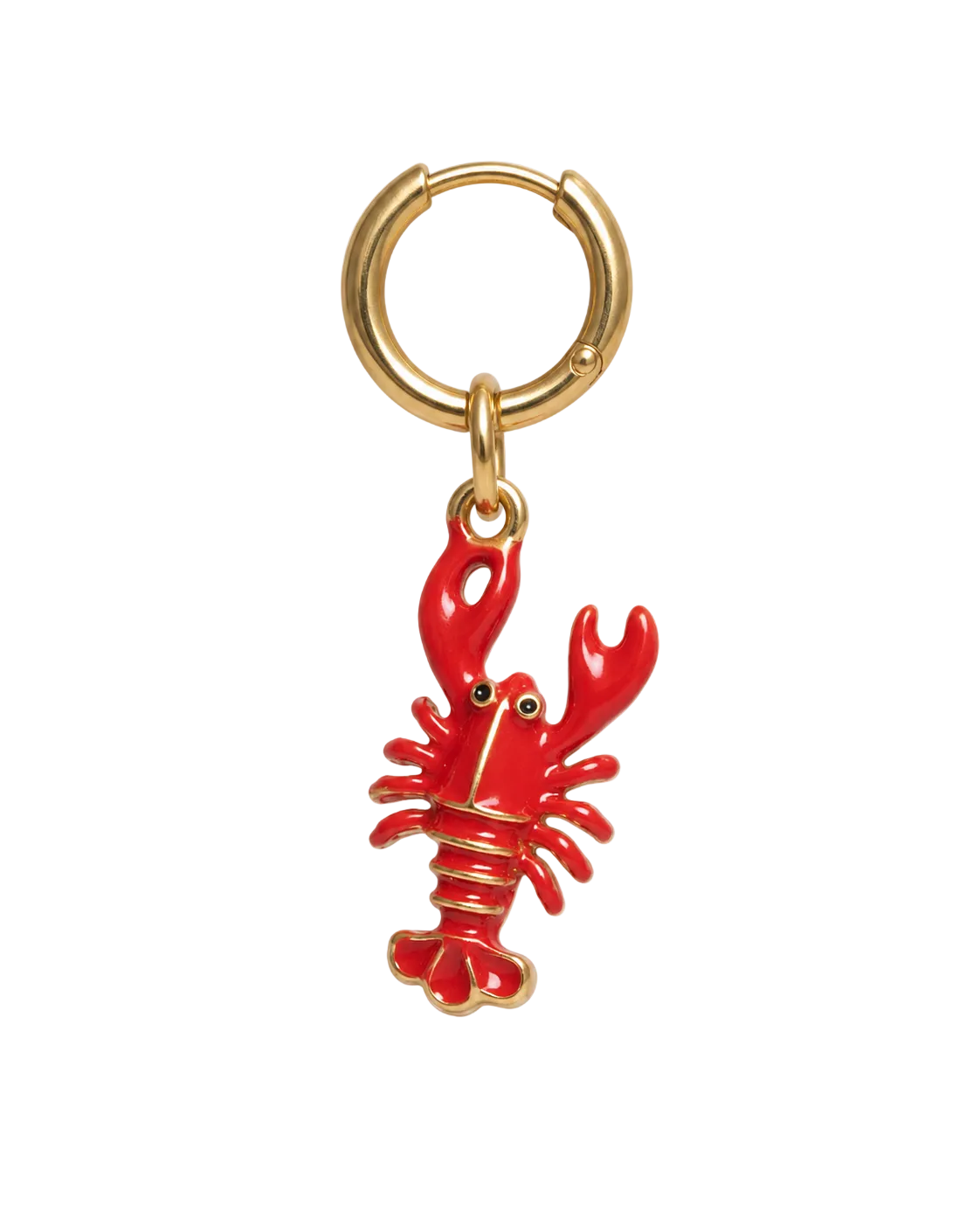 A lobster-shaped keychain earring millie madness with a bright red enamel body and gold-tone metal outlines, attached to a gold split ring on a plain white background.