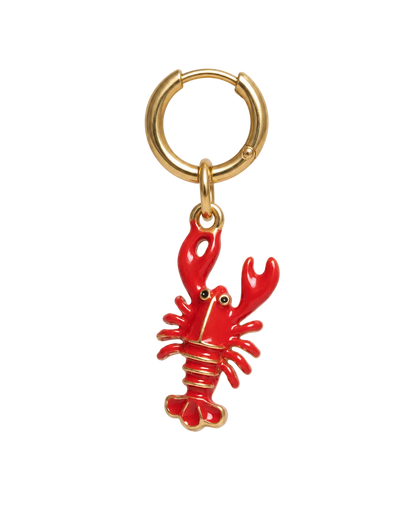 A lobster-shaped keychain earring millie madness with a bright red enamel body and gold-tone metal outlines, attached to a gold split ring on a plain white background.