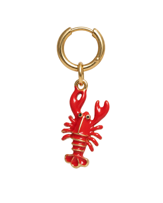 A lobster-shaped keychain earring millie madness with a bright red enamel body and gold-tone metal outlines, attached to a gold split ring on a plain white background.