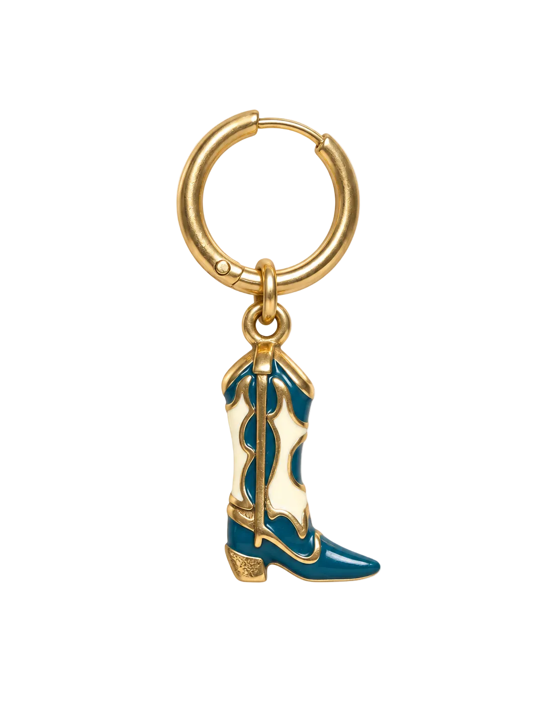 A gold-plated earring millie madness with a dangling cowboy boot charm. The boot charm features teal blue enamel detailing and gold-plated metal borders and sole.