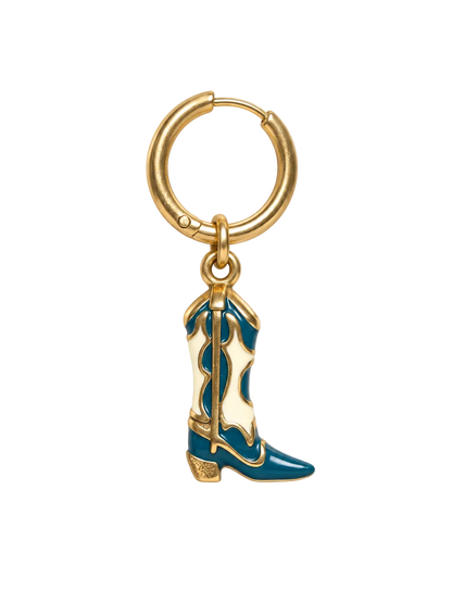 A gold-plated earring millie madness with a dangling cowboy boot charm. The boot charm features teal blue enamel detailing and gold-plated metal borders and sole.