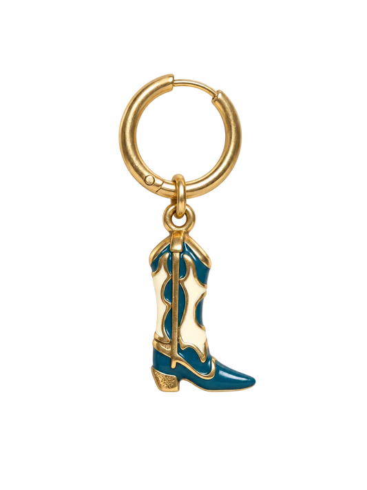 A gold-plated earring millie madness with a dangling cowboy boot charm. The boot charm features teal blue enamel detailing and gold-plated metal borders and sole.