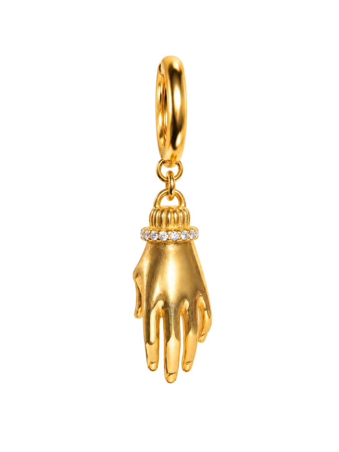 A gold millie madness earing charm shaped like a hand with a small ring of clear stones around the wrist, hanging from a gold loop on a plain white background.
