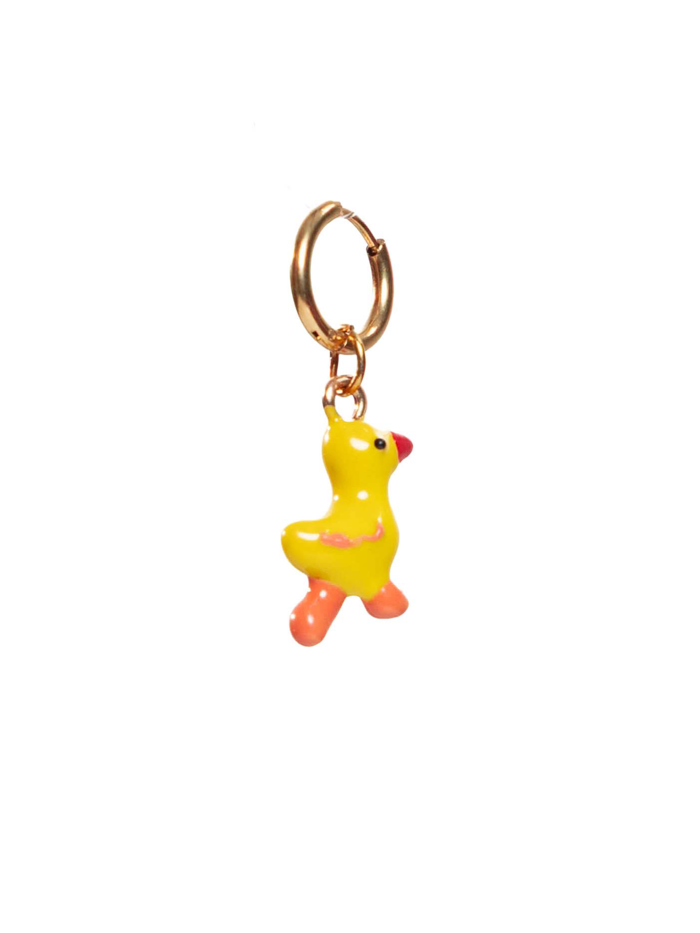 yellow duck earring on a gold hoop