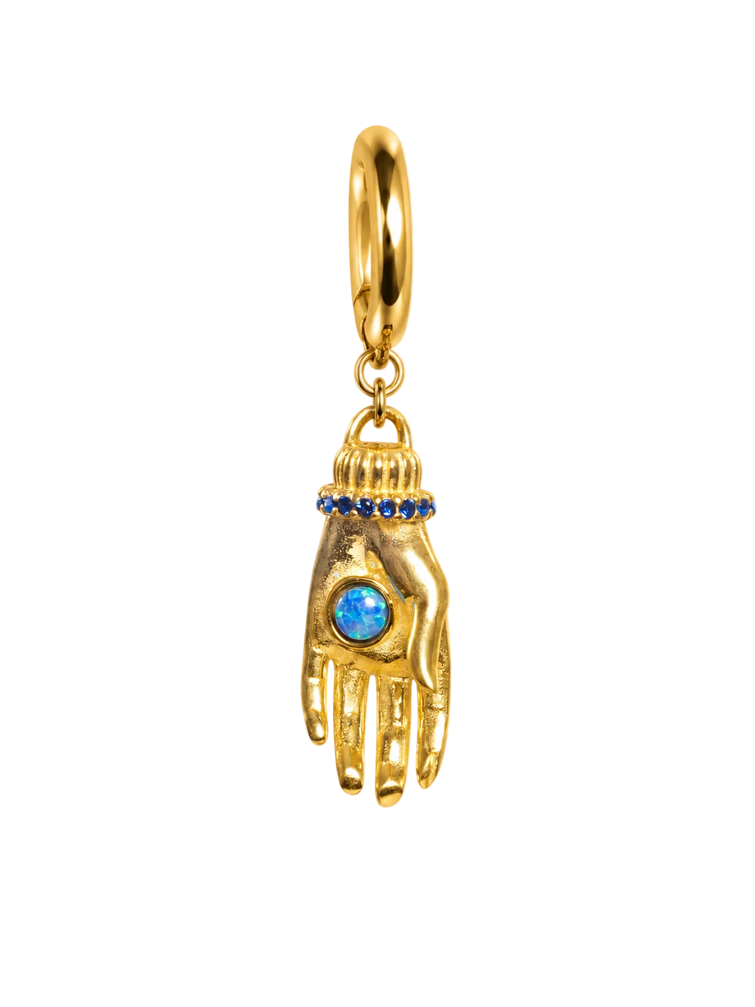 A gold Hamsa hand millie madness charm pendant featuring a central blue opal-like stone and a row of small blue stones at the wrist, suspended from a gold ring on a plain white background.