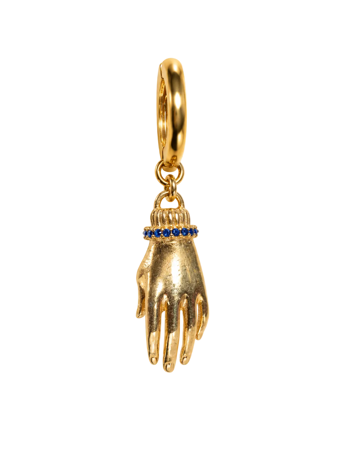 A gold hand-shaped millie madness earring pendant with a small ring of blue gemstones at the wrist, suspended from a gold loop, shown on a plain white background.