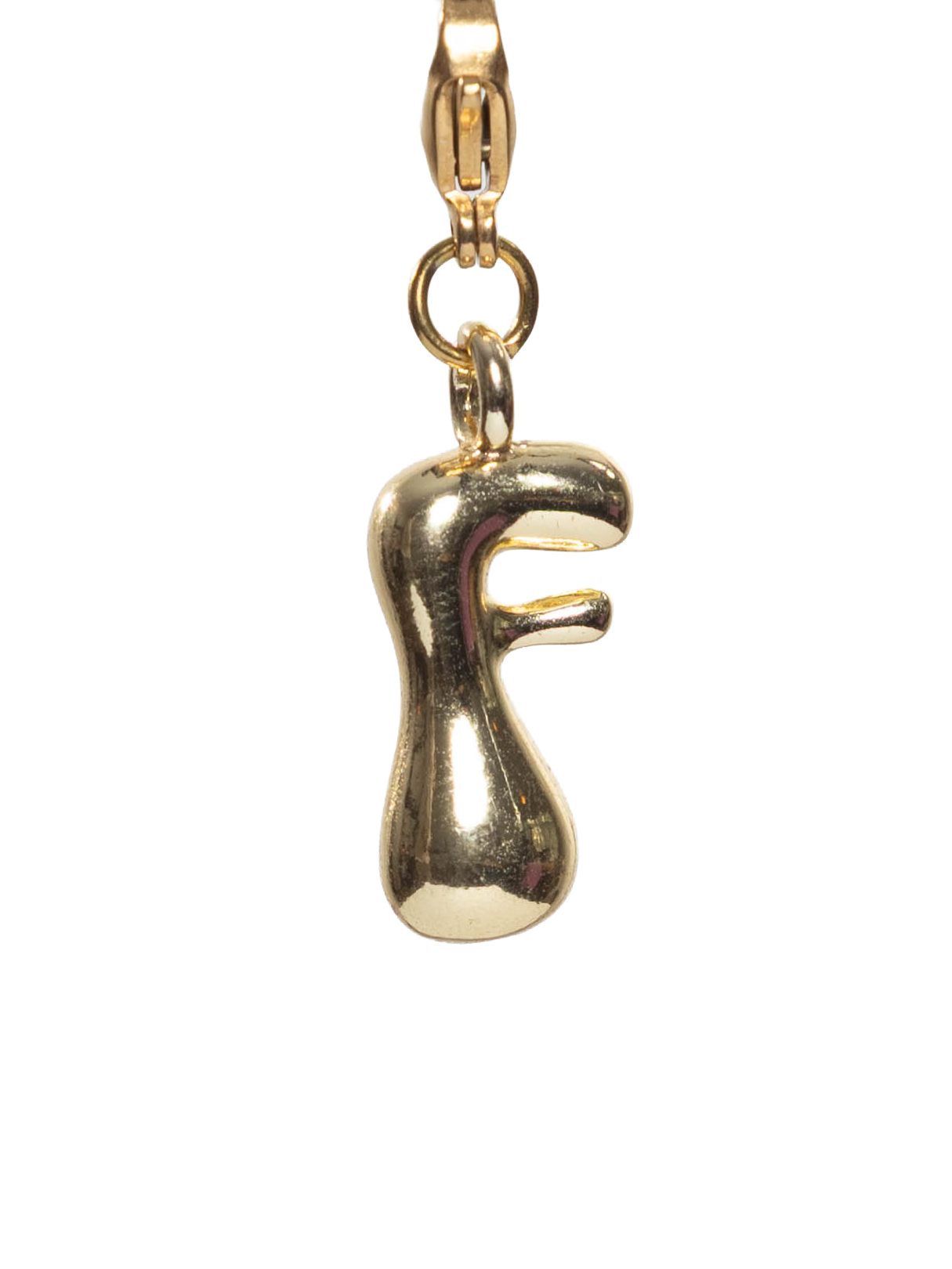 Gold plated letter F charm stainless steel clasp on a white background