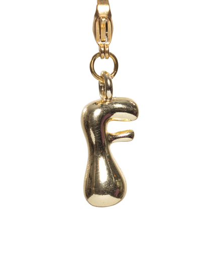 Gold plated letter F charm stainless steel clasp on a white background