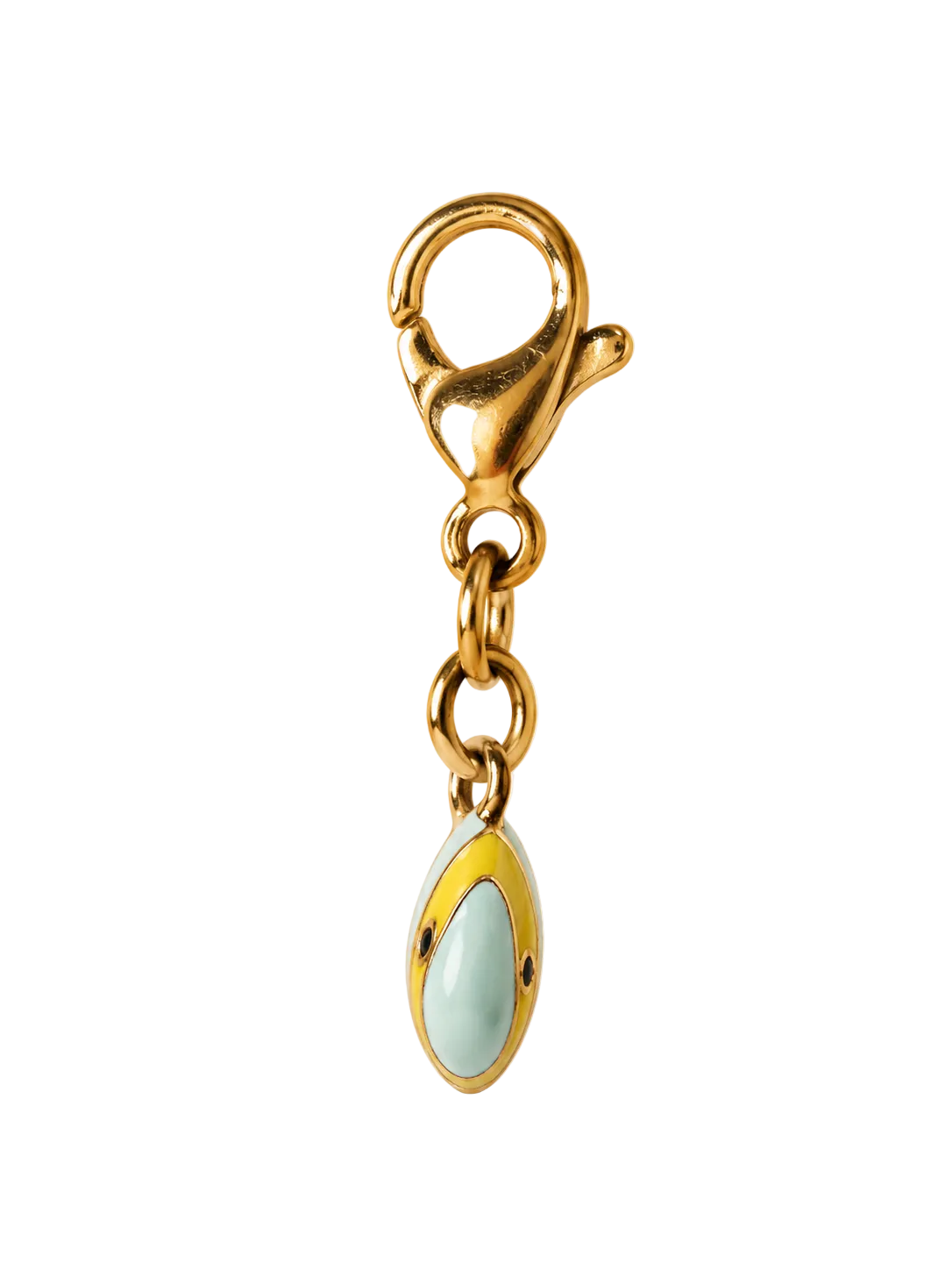 A gold-toned lobster clasp keychain charm featuring a small oval pendant with a pale mint green enamel center and gold trim, set against a plain white background.