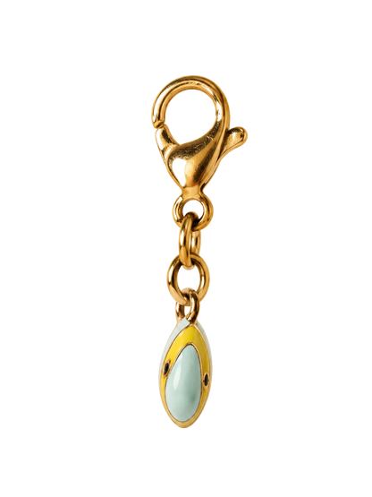 A gold-toned lobster clasp keychain charm featuring a small oval pendant with a pale mint green enamel center and gold trim, set against a plain white background.