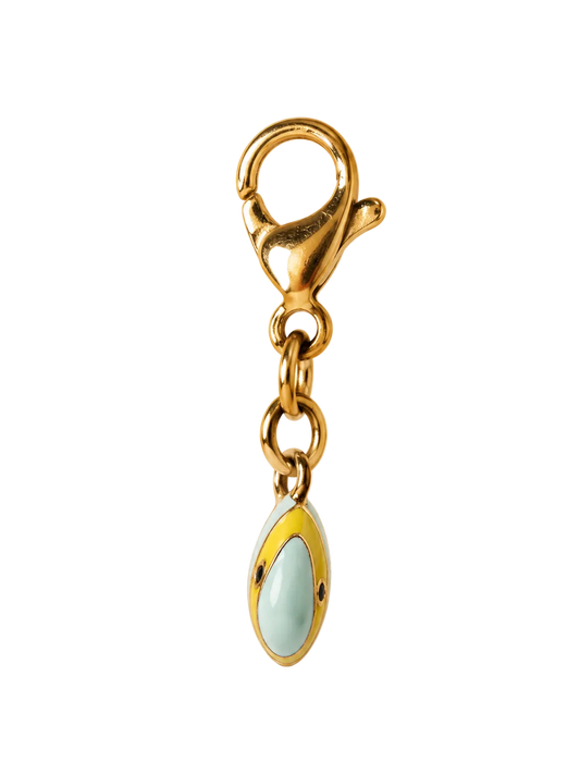 A gold-toned lobster clasp keychain charm featuring a small oval pendant with a pale mint green enamel center and gold trim, set against a plain white background.