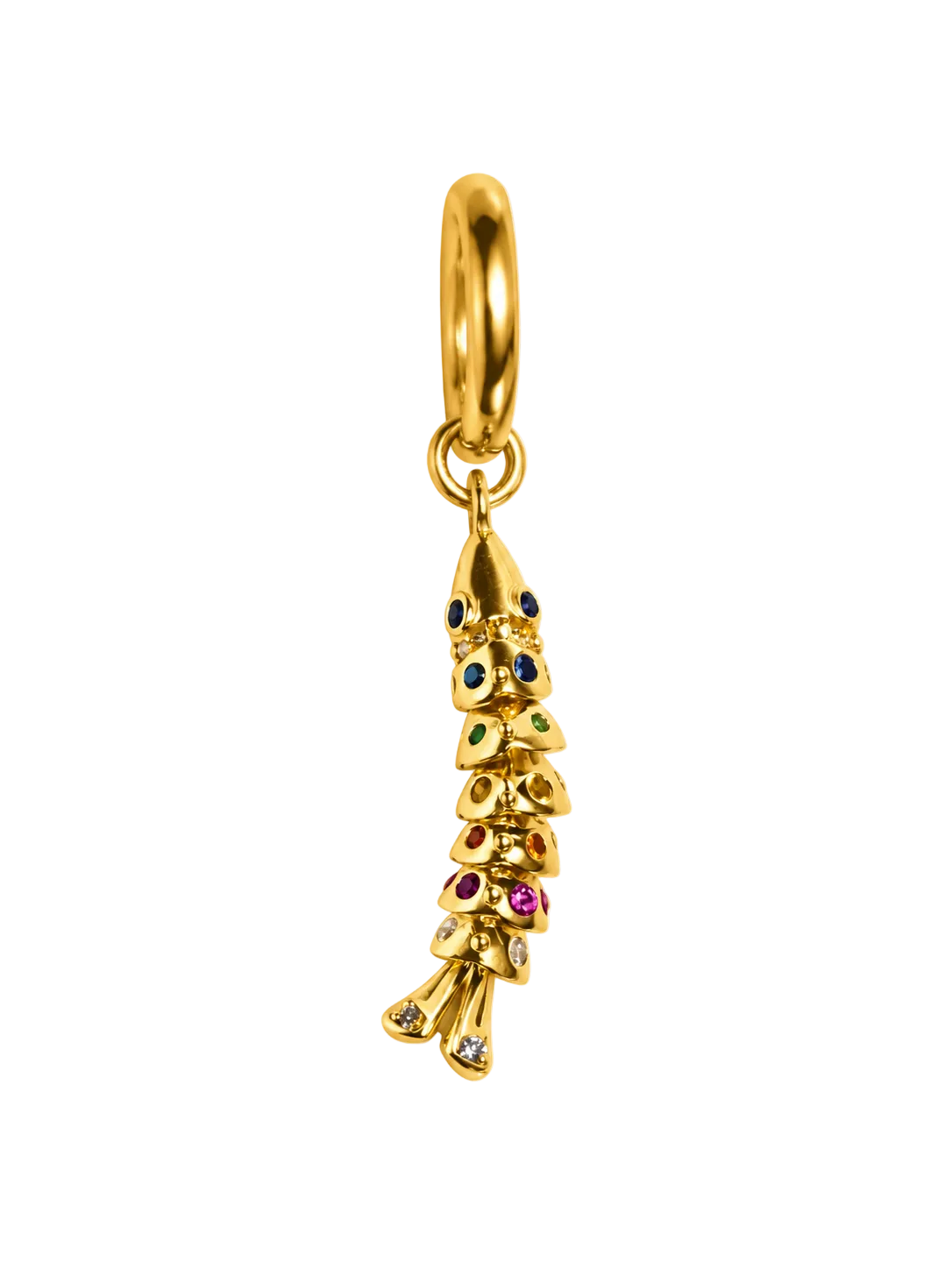 A gold  millie madness fish earring charm with small colorful gemstone accents, shown on a plain white background.