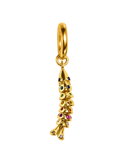 A gold  millie madness fish earring charm with small colorful gemstone accents, shown on a plain white background.